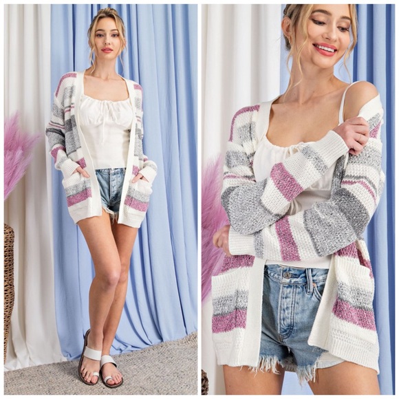 Hot Pink & Grey Striped Open Front Cardigan - Picture 2 of 7